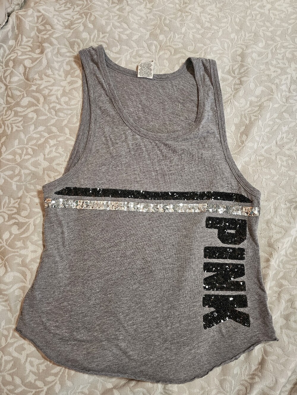 PINK Victoria's Secret Gray Tank with Black and Silver Sequin Accents Small